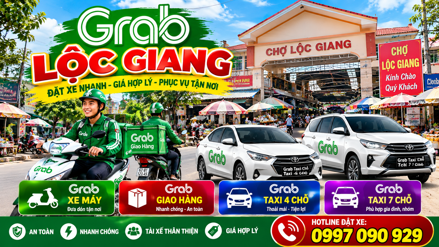 Xe ôm Grab Lộc Giang, Grab giao hàng và taxi 4 chỗ 7 chỗ